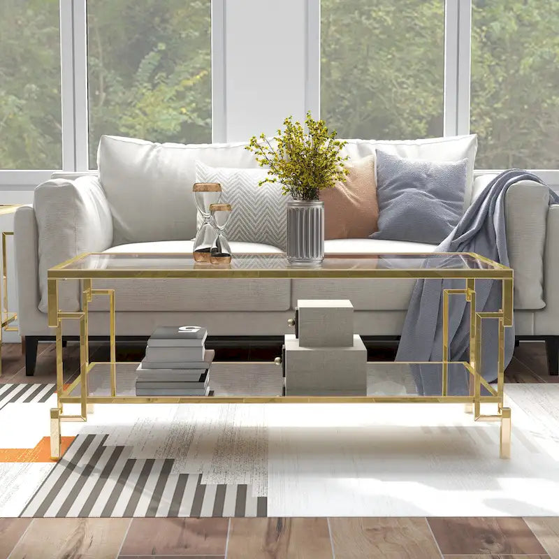 Table basse Glam de 43 pouces avec plateau en verre et étagère miroir