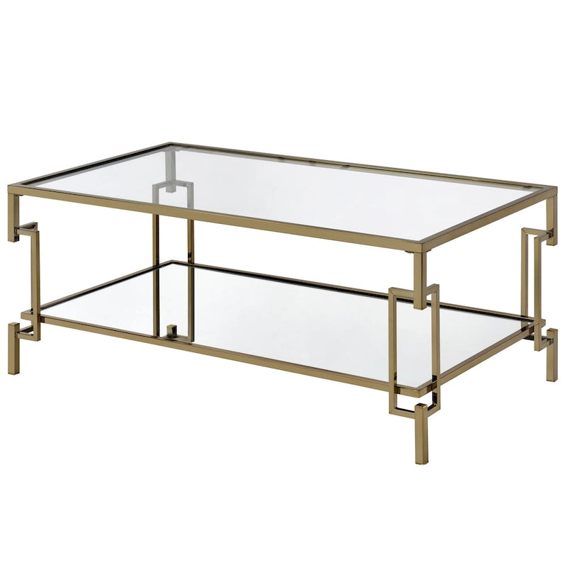 Table basse Glam de 43 pouces avec plateau en verre et étagère miroir