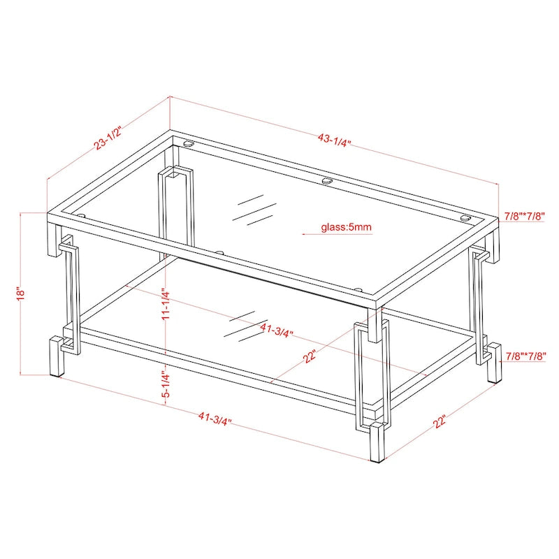 Table basse Glam de 43 pouces avec plateau en verre et étagère miroir