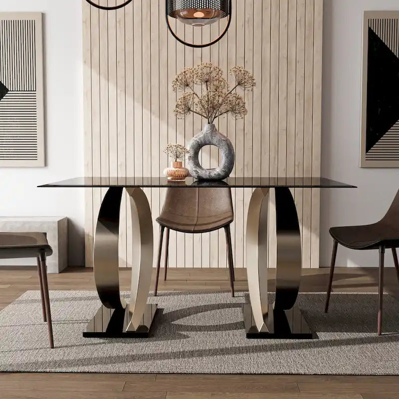 Table de salle à manger moderne de 58" avec plateau en verre et double pied en C