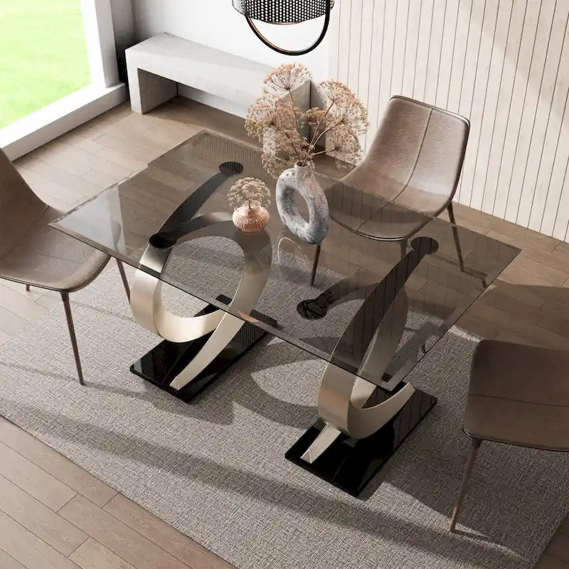 Table de salle à manger moderne de 58" avec plateau en verre et double pied en C