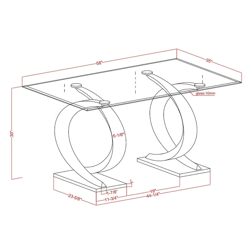 Table de salle à manger moderne de 58" avec plateau en verre et double pied en C