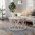 Table basse et table d'appoint rondes rustiques avec pieds en X et plateau en bois texturé