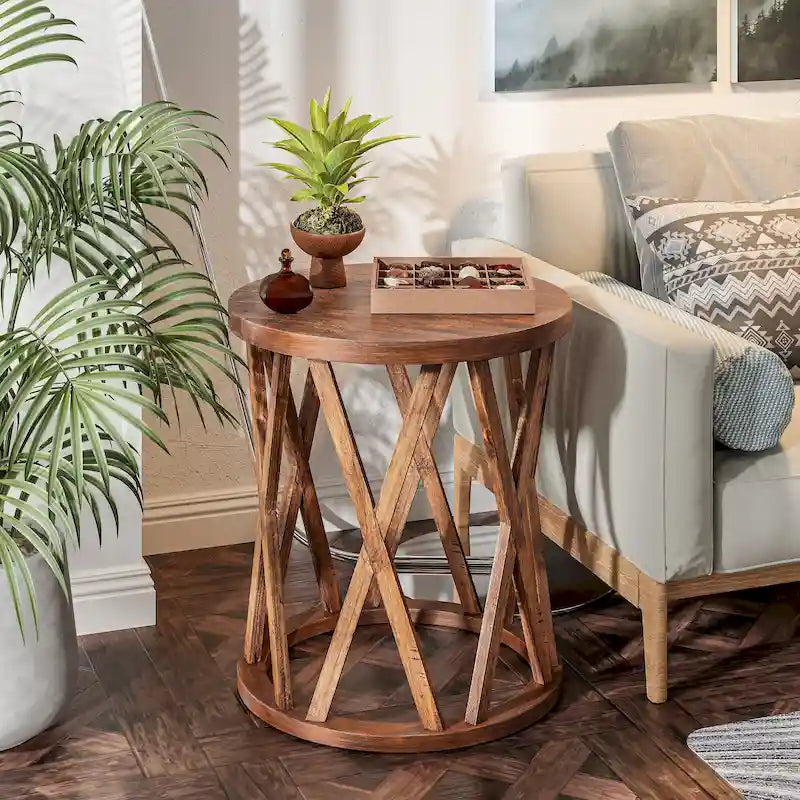 Table basse et table d'appoint rondes rustiques avec pieds en X et plateau en bois texturé