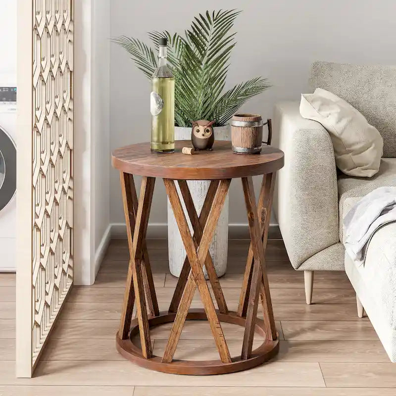 Table basse et table d'appoint rondes rustiques avec pieds en X et plateau en bois texturé