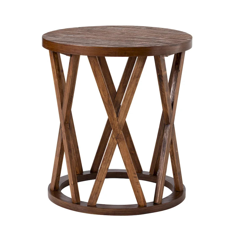 Table basse et table d'appoint rondes rustiques avec pieds en X et plateau en bois texturé