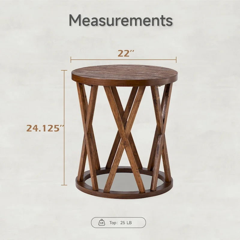 Table basse et table d'appoint rondes rustiques avec pieds en X et plateau en bois texturé