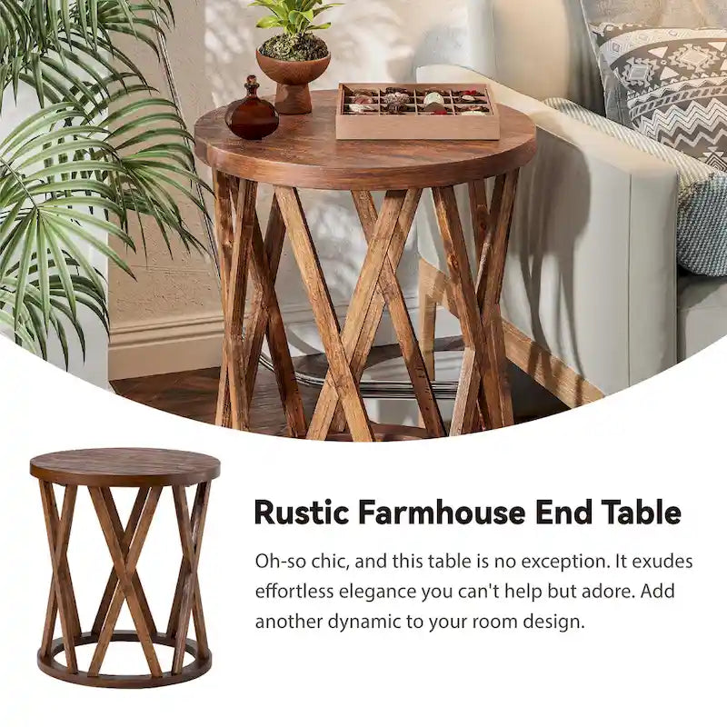 Table basse et table d'appoint rondes rustiques avec pieds en X et plateau en bois texturé