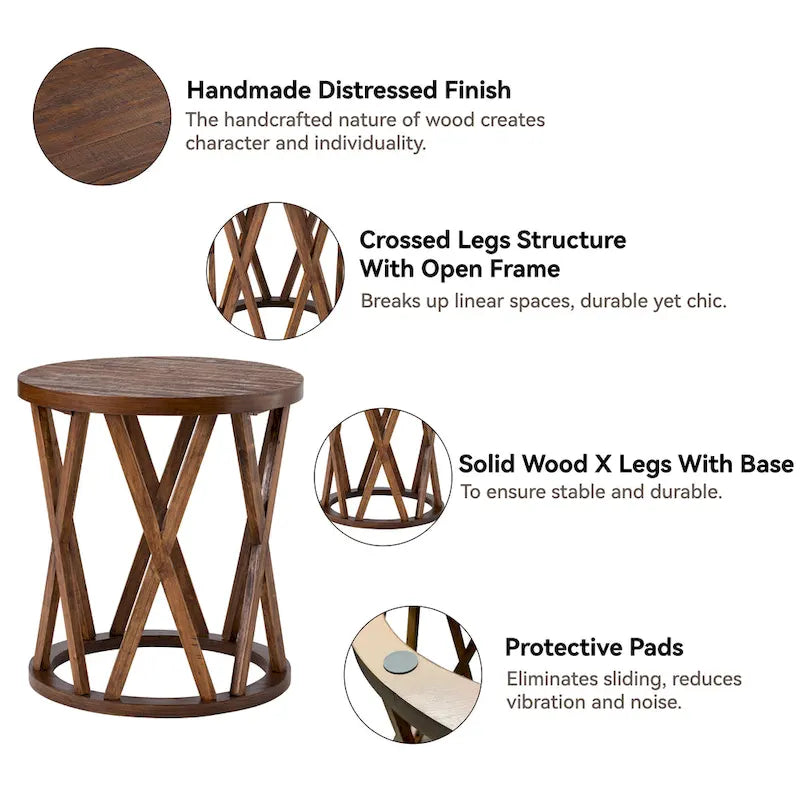 Table basse et table d'appoint rondes rustiques avec pieds en X et plateau en bois texturé