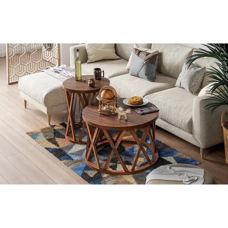 Table basse et table d'appoint rondes rustiques avec pieds en X et plateau en bois texturé
