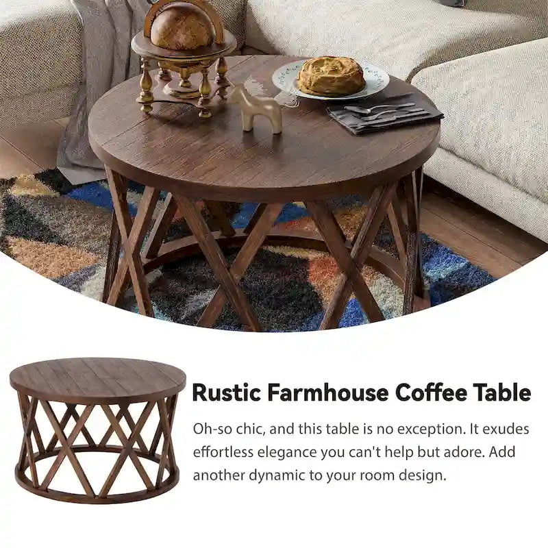 Table basse et table d'appoint rondes rustiques avec pieds en X et plateau en bois texturé