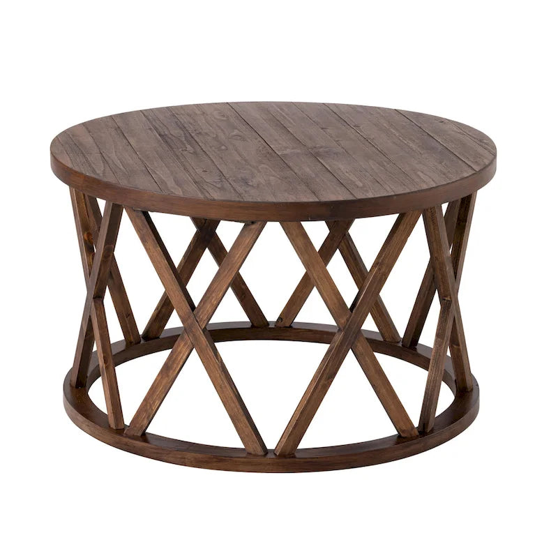 Table basse et table d'appoint rondes rustiques avec pieds en X et plateau en bois texturé