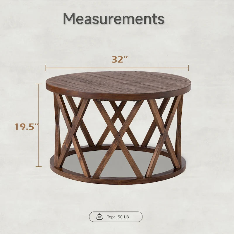 Table basse et table d'appoint rondes rustiques avec pieds en X et plateau en bois texturé