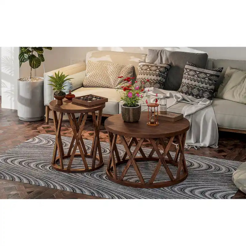 Table basse et table d'appoint rondes rustiques avec pieds en X et plateau en bois texturé