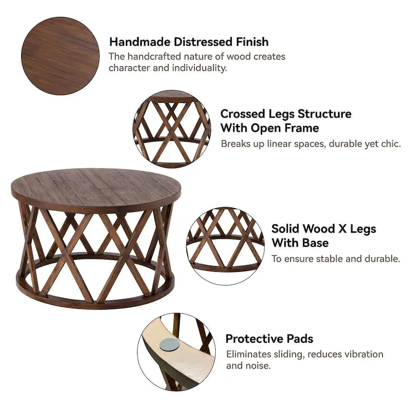 Table basse et table d'appoint rondes rustiques avec pieds en X et plateau en bois texturé