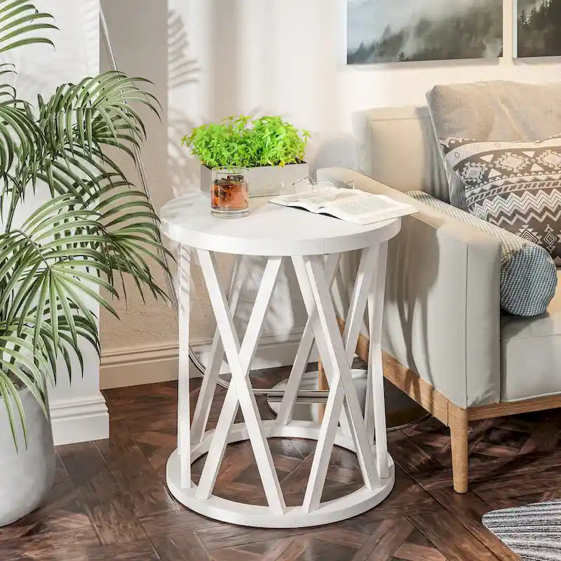 Table basse et table d'appoint rondes rustiques avec pieds en X et plateau en bois texturé