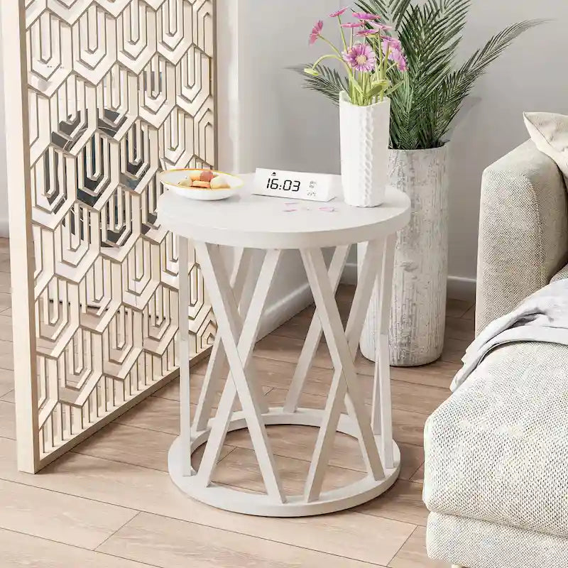 Table basse et table d'appoint rondes rustiques avec pieds en X et plateau en bois texturé