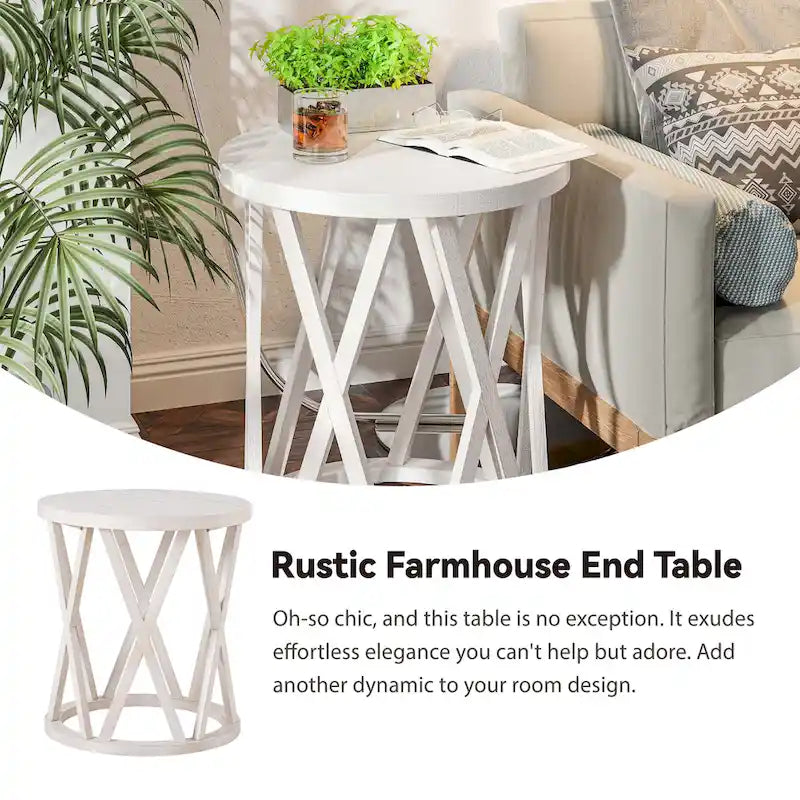 Table basse et table d'appoint rondes rustiques avec pieds en X et plateau en bois texturé