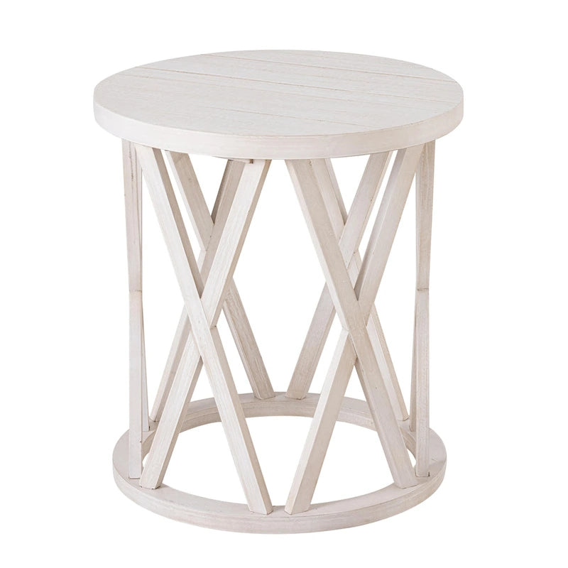 Table basse et table d'appoint rondes rustiques avec pieds en X et plateau en bois texturé