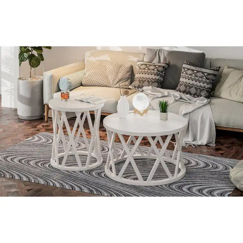 Table basse et table d'appoint rondes rustiques avec pieds en X et plateau en bois texturé
