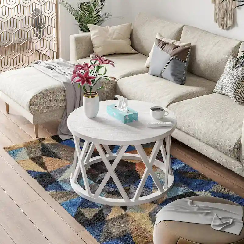 Table basse et table d'appoint rondes rustiques avec pieds en X et plateau en bois texturé