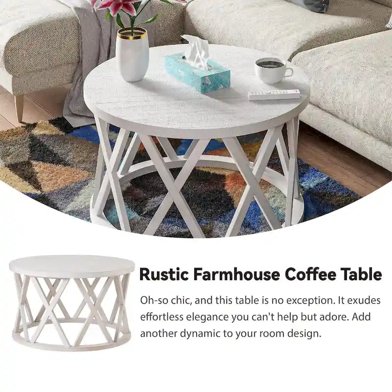 Table basse et table d'appoint rondes rustiques avec pieds en X et plateau en bois texturé