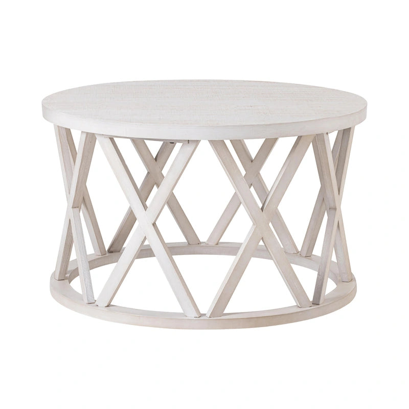 Table basse et table d'appoint rondes rustiques avec pieds en X et plateau en bois texturé