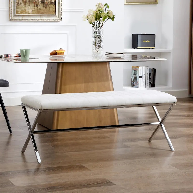 Banc de salle à manger en similicuir capitonné avec pieds en métal style X, 46,5"