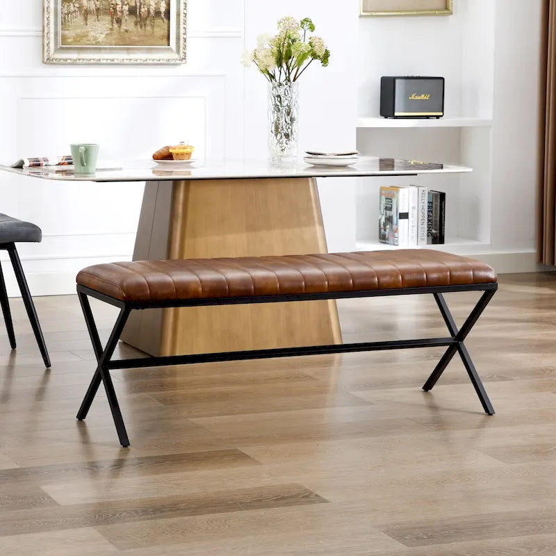 Banc de salle à manger en similicuir capitonné avec pieds en métal style X, 46,5"