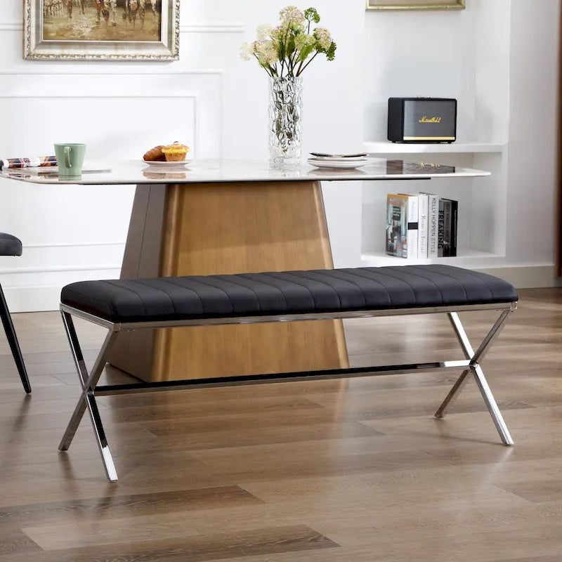 Banc de salle à manger en similicuir capitonné avec pieds en métal style X, 46,5"
