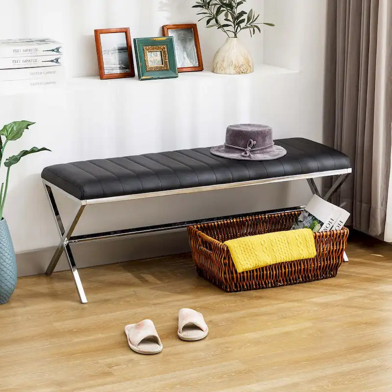 Banc de salle à manger en similicuir capitonné avec pieds en métal style X, 46,5"