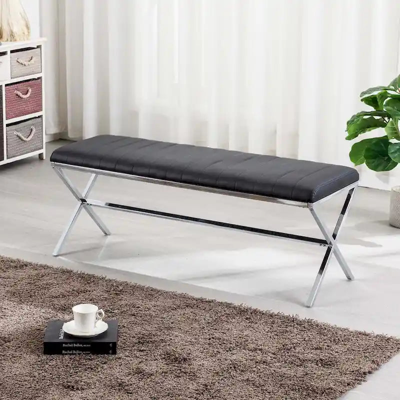 Banc de salle à manger en similicuir capitonné avec pieds en métal style X, 46,5"