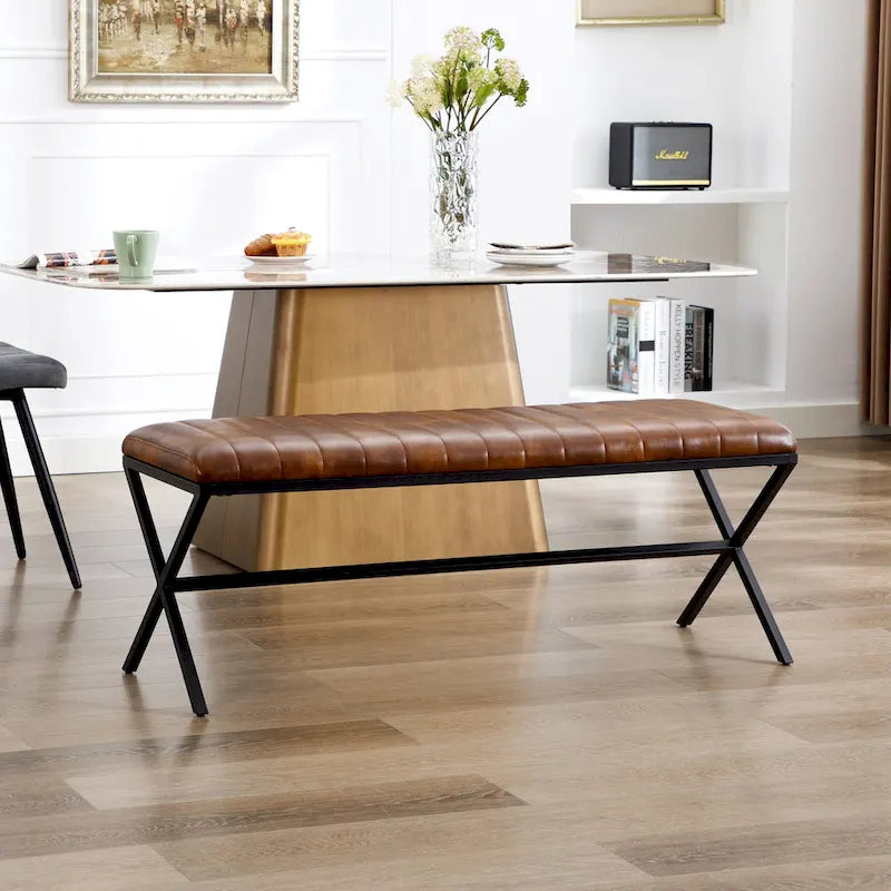 Banc de salle à manger en similicuir capitonné avec pieds en métal style X, 46,5"