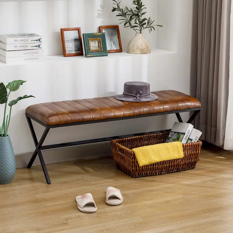 Banc de salle à manger en similicuir capitonné avec pieds en métal style X, 46,5"