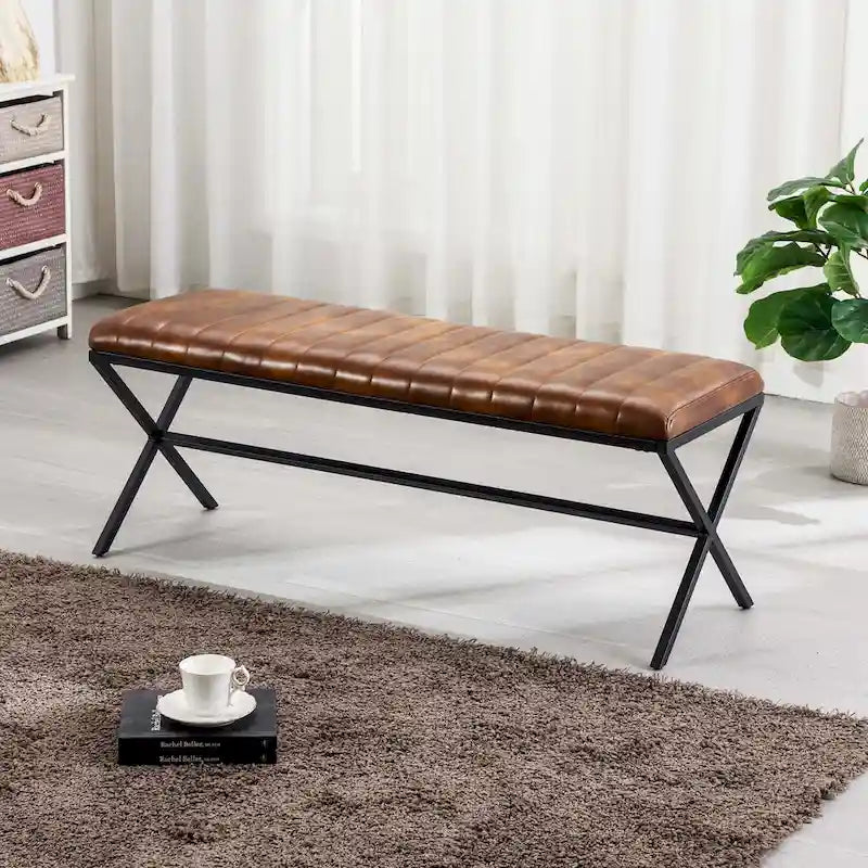 Banc de salle à manger en similicuir capitonné avec pieds en métal style X, 46,5"