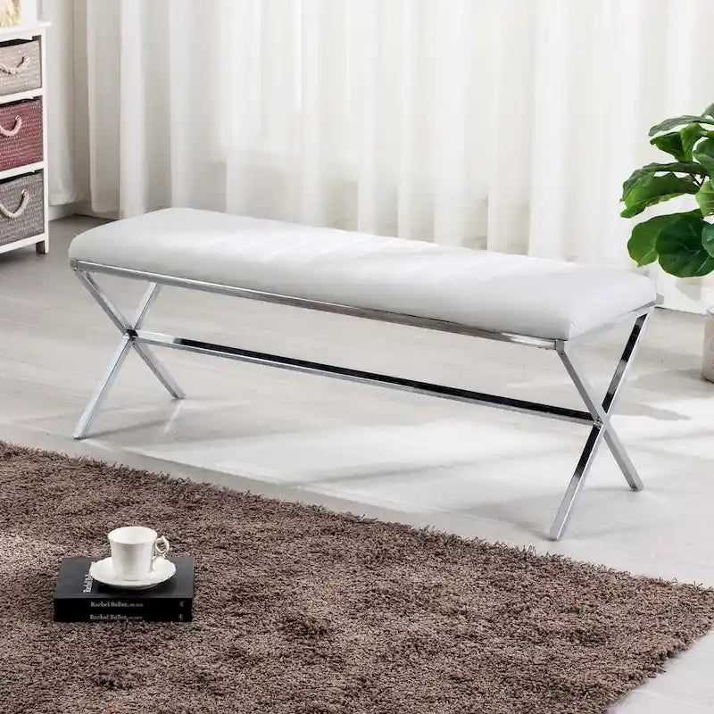 Banc de salle à manger en similicuir capitonné avec pieds en métal style X, 46,5"