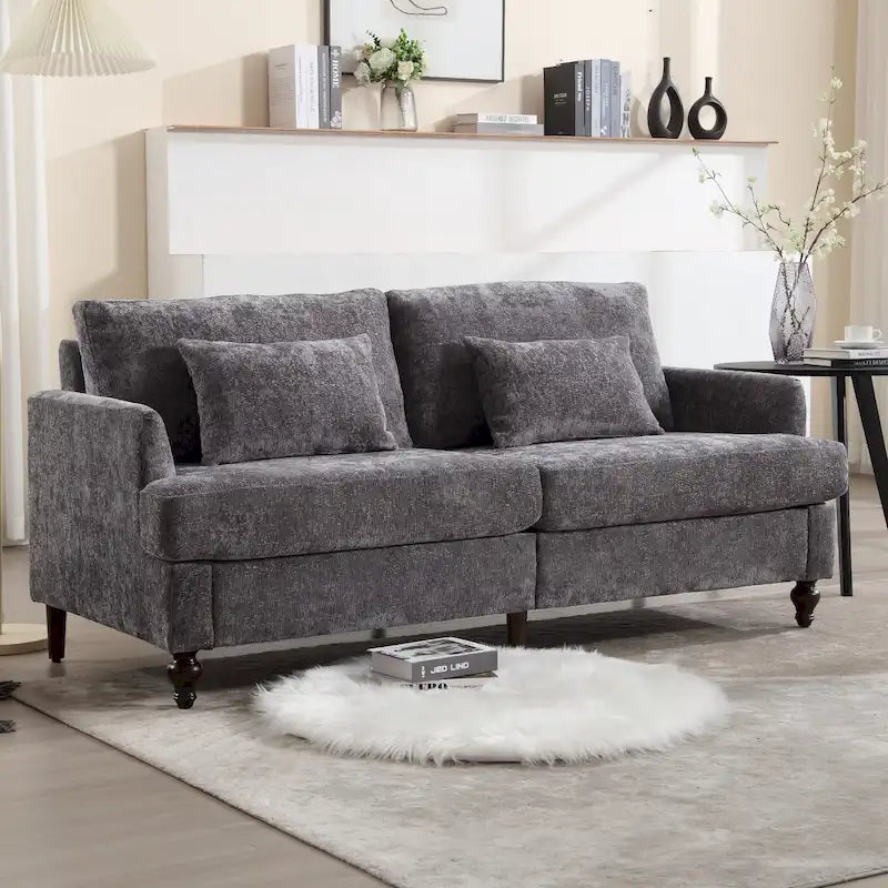 Causeuse en bois au design moderne du milieu du siècle, recouverte de chenille