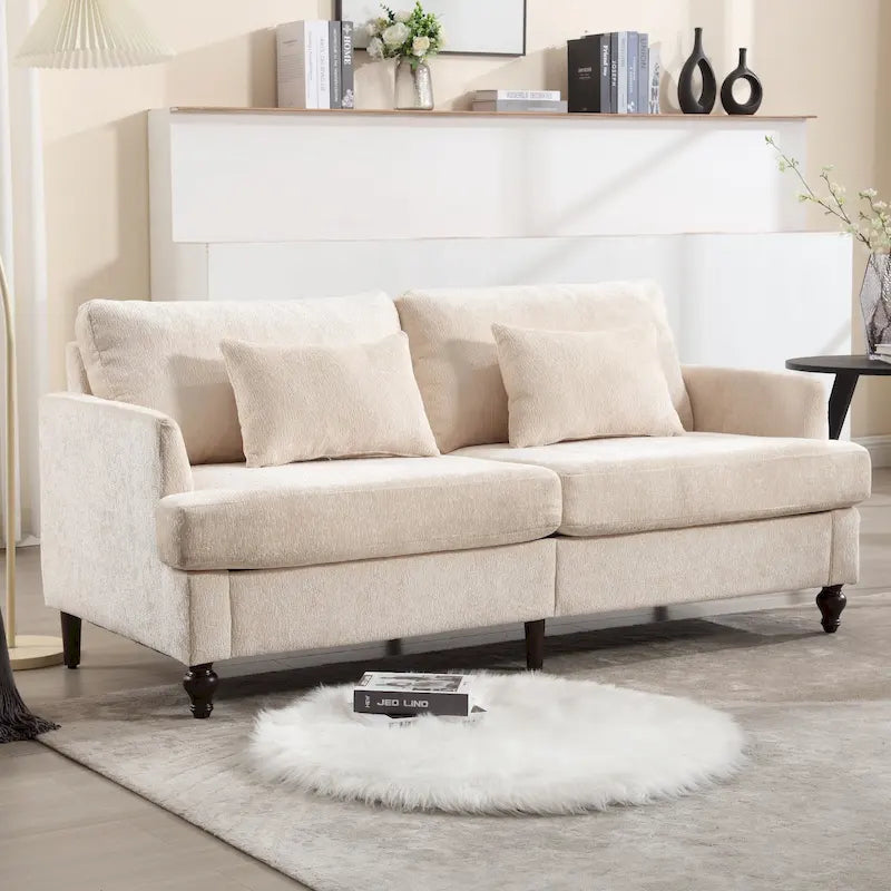 Causeuse en bois au design moderne du milieu du siècle, recouverte de chenille