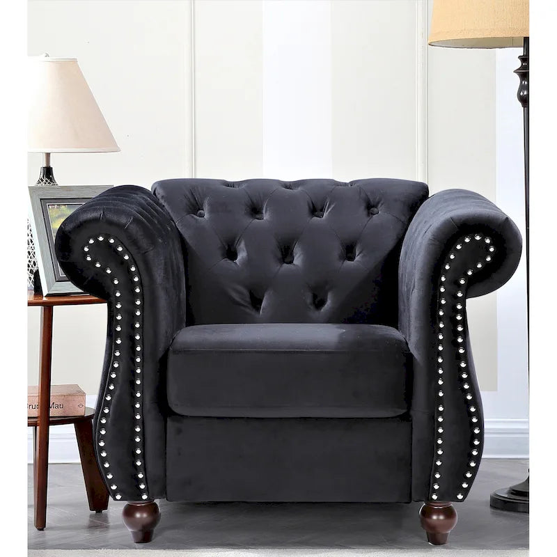 Fauteuil Chesterfield en velours écrasé avec capitonnage et clous décoratifs