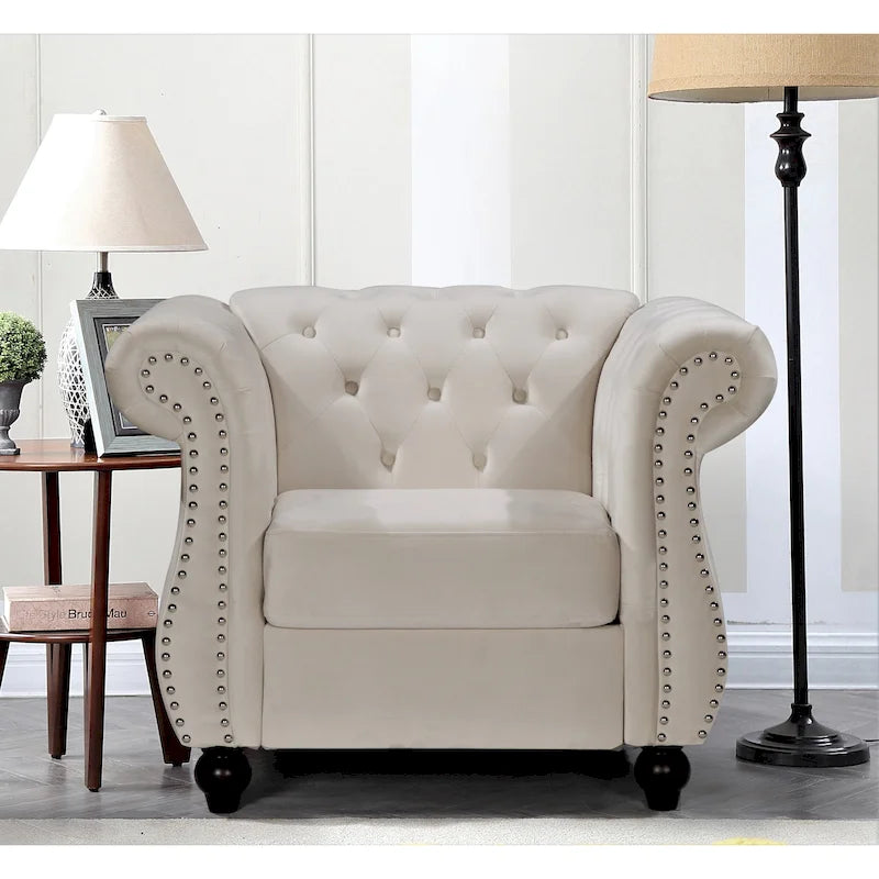 Fauteuil Chesterfield en velours écrasé avec capitonnage et clous décoratifs