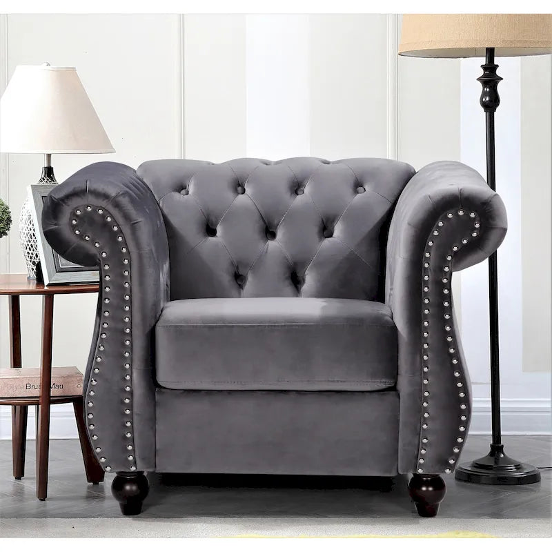 Fauteuil Chesterfield en velours écrasé avec capitonnage et clous décoratifs