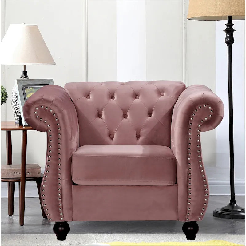 Fauteuil Chesterfield en velours écrasé avec capitonnage et clous décoratifs