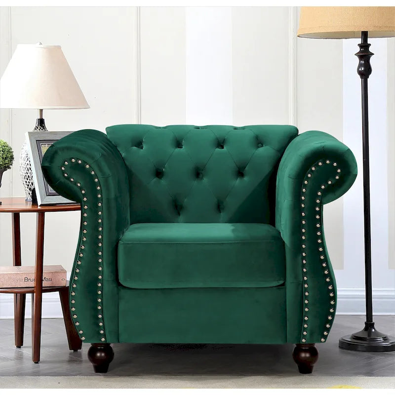 Fauteuil Chesterfield en velours écrasé avec capitonnage et clous décoratifs
