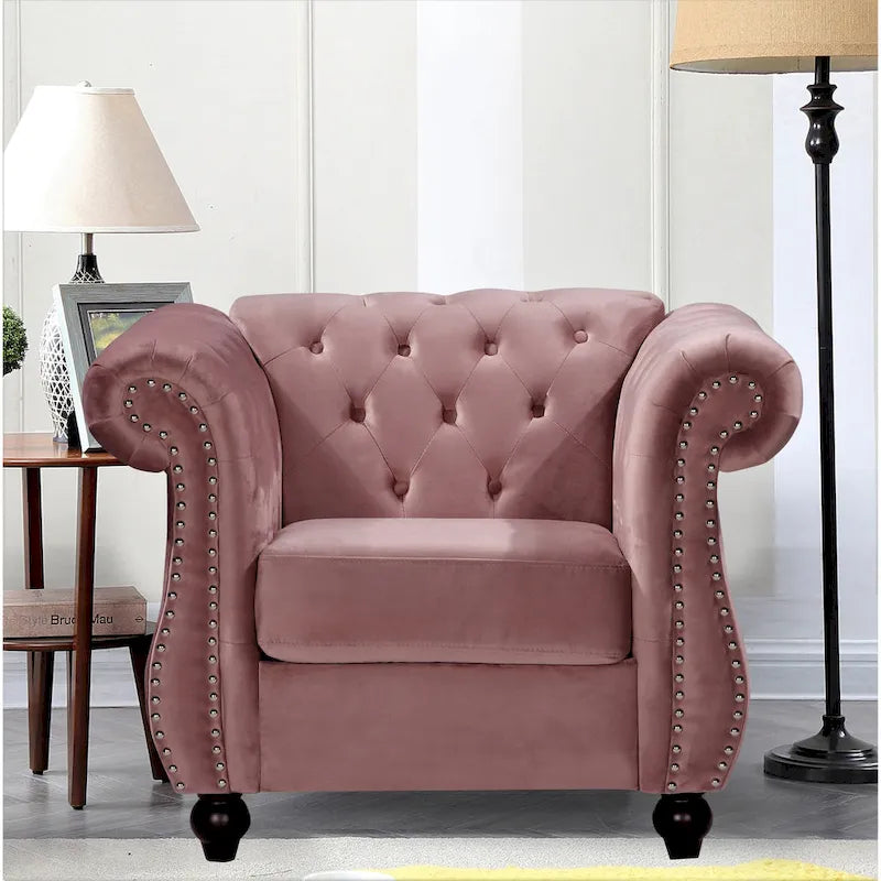 Fauteuil Chesterfield en velours écrasé avec capitonnage et clous décoratifs