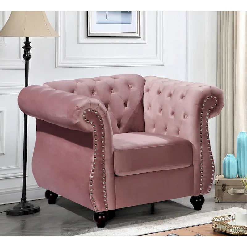 Fauteuil Chesterfield en velours écrasé avec capitonnage et clous décoratifs