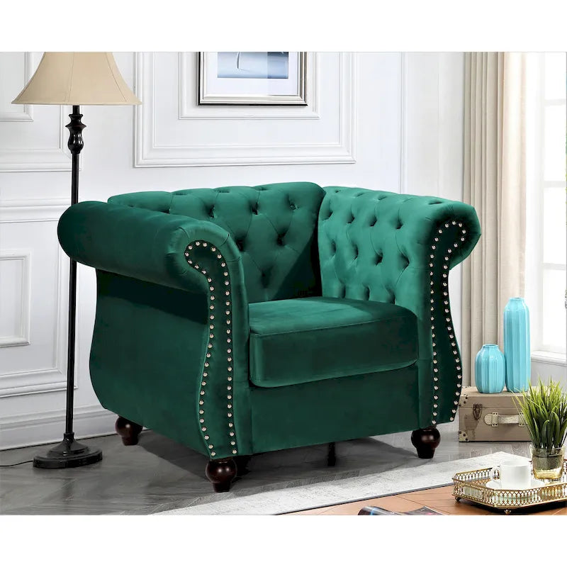 Fauteuil Chesterfield en velours écrasé avec capitonnage et clous décoratifs