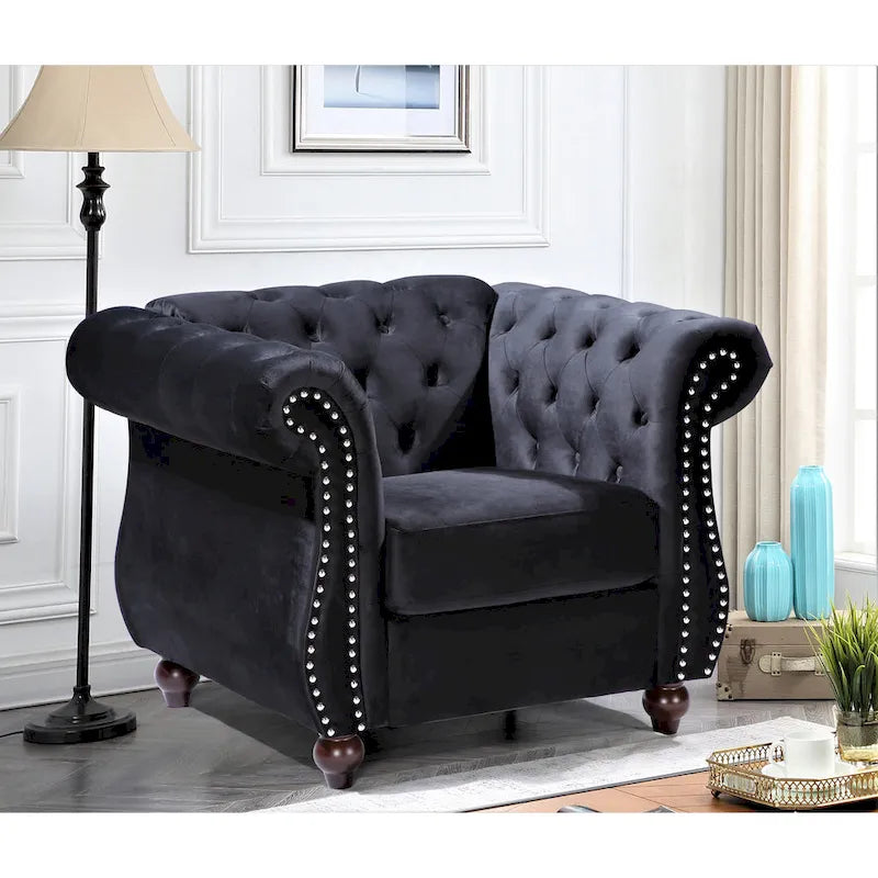 Fauteuil Chesterfield en velours écrasé avec capitonnage et clous décoratifs