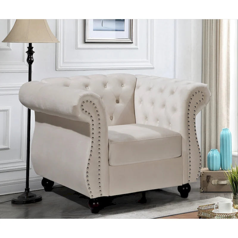 Fauteuil Chesterfield en velours écrasé avec capitonnage et clous décoratifs