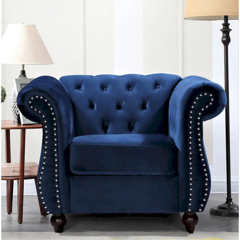 Fauteuil Chesterfield en velours écrasé avec capitonnage et clous décoratifs