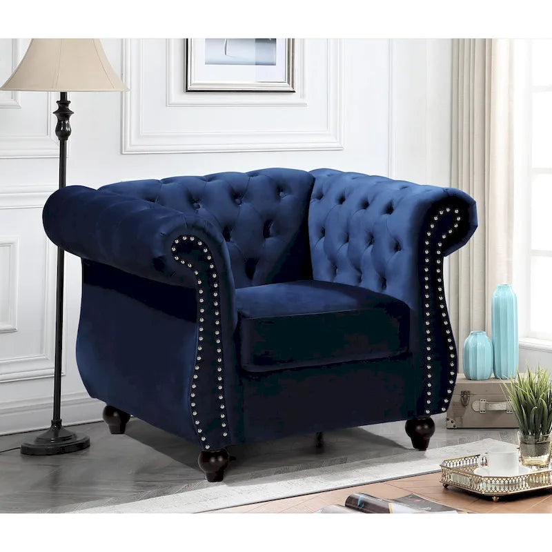 Fauteuil Chesterfield en velours écrasé avec capitonnage et clous décoratifs